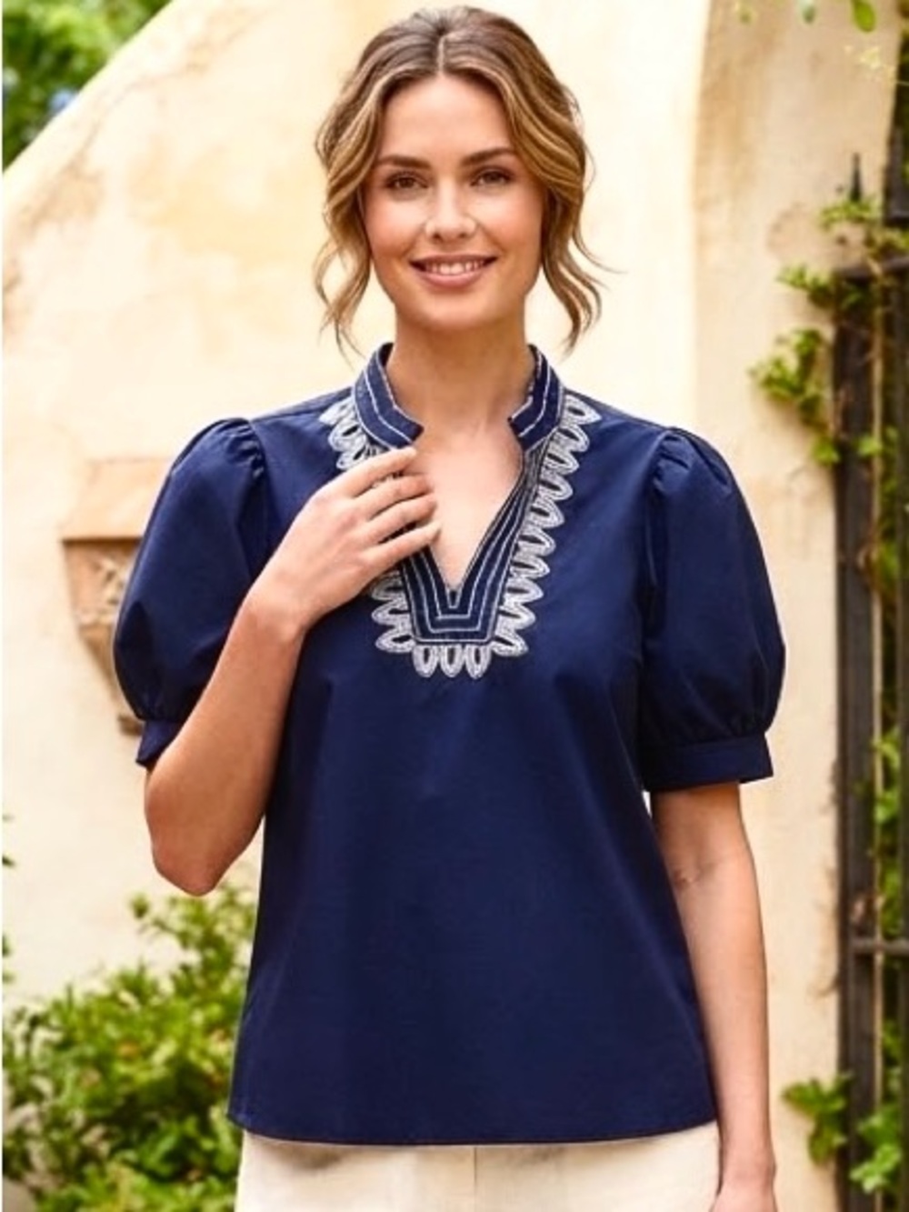 Cicy Bell Embroidered Navy V-Neck Puff Sleeve Blouse - Women